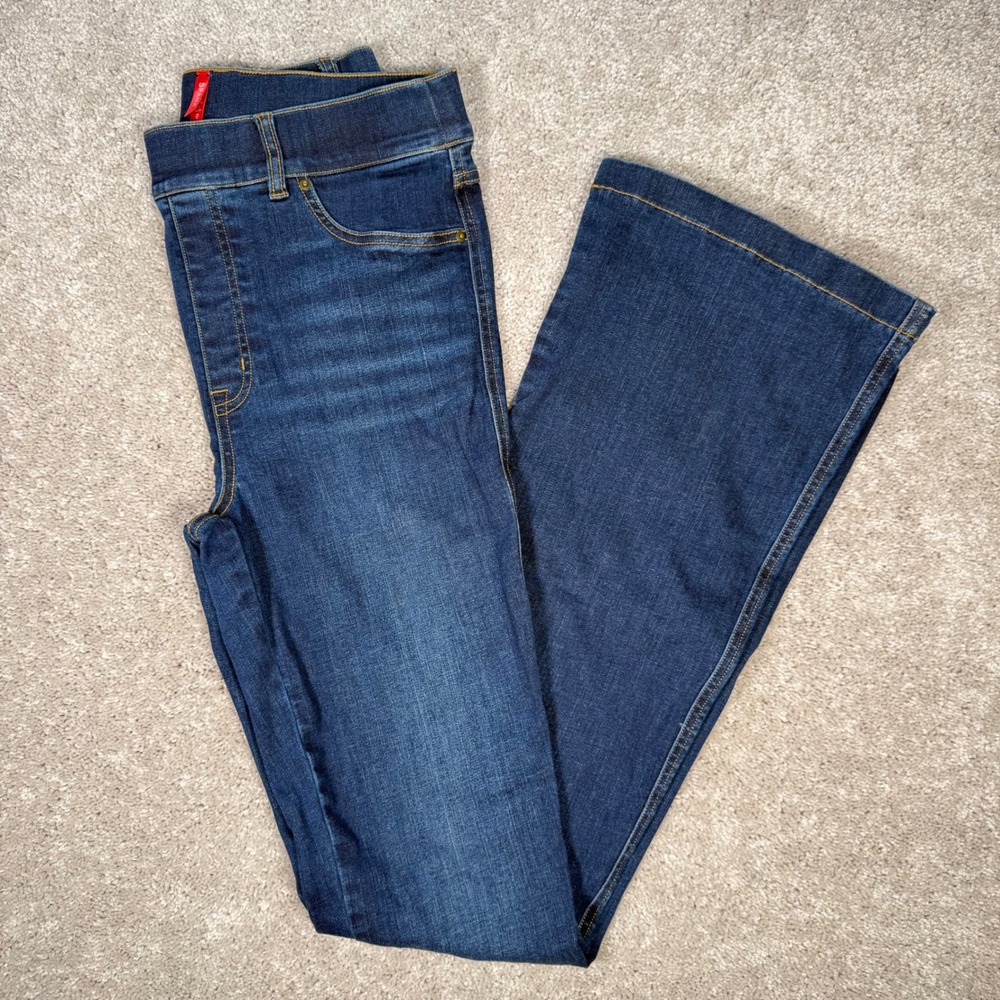 Spanx Flare Jeans Medium Tall Dark Wash High Rise Pull On Stretch Denim Blue 29